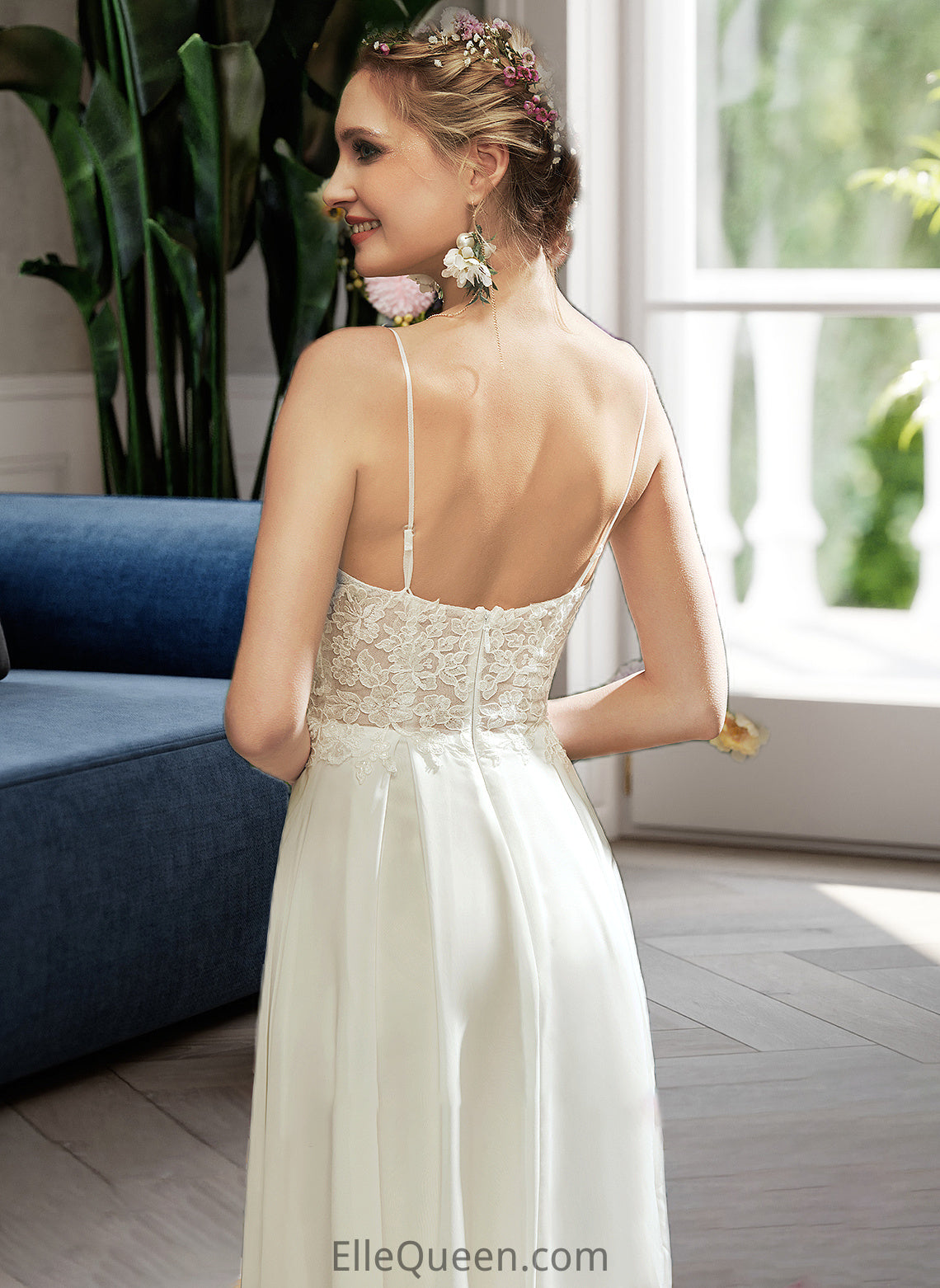 Iyana A-Line V-neck Floor-Length Wedding Dress With Lace Split Front DGP0013815