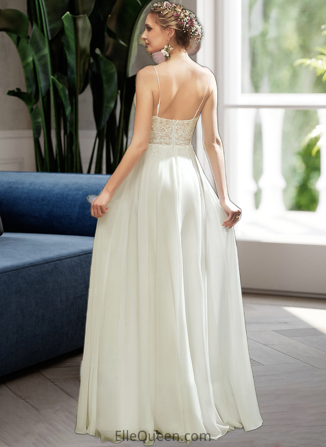 Iyana A-Line V-neck Floor-Length Wedding Dress With Lace Split Front DGP0013815