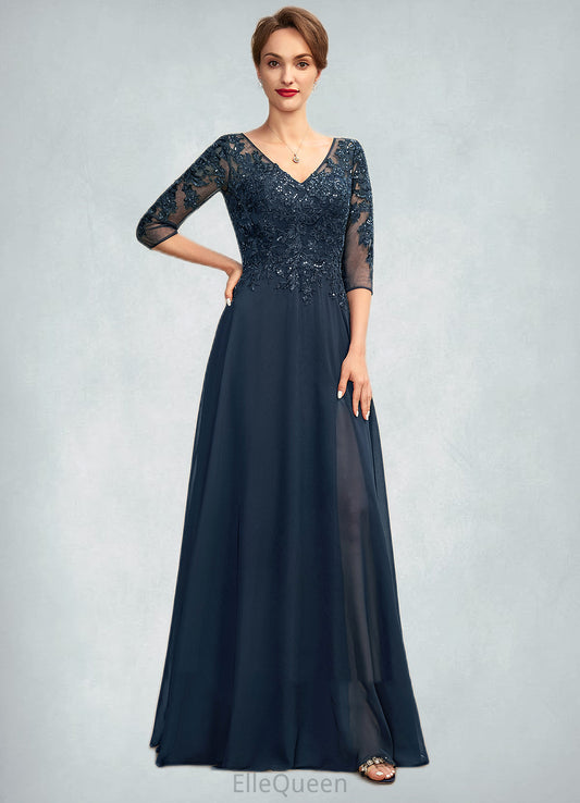 Tiana A-Line V-neck Floor-Length Chiffon Lace Mother of the Bride Dress With Sequins Split Front DG126P0015014