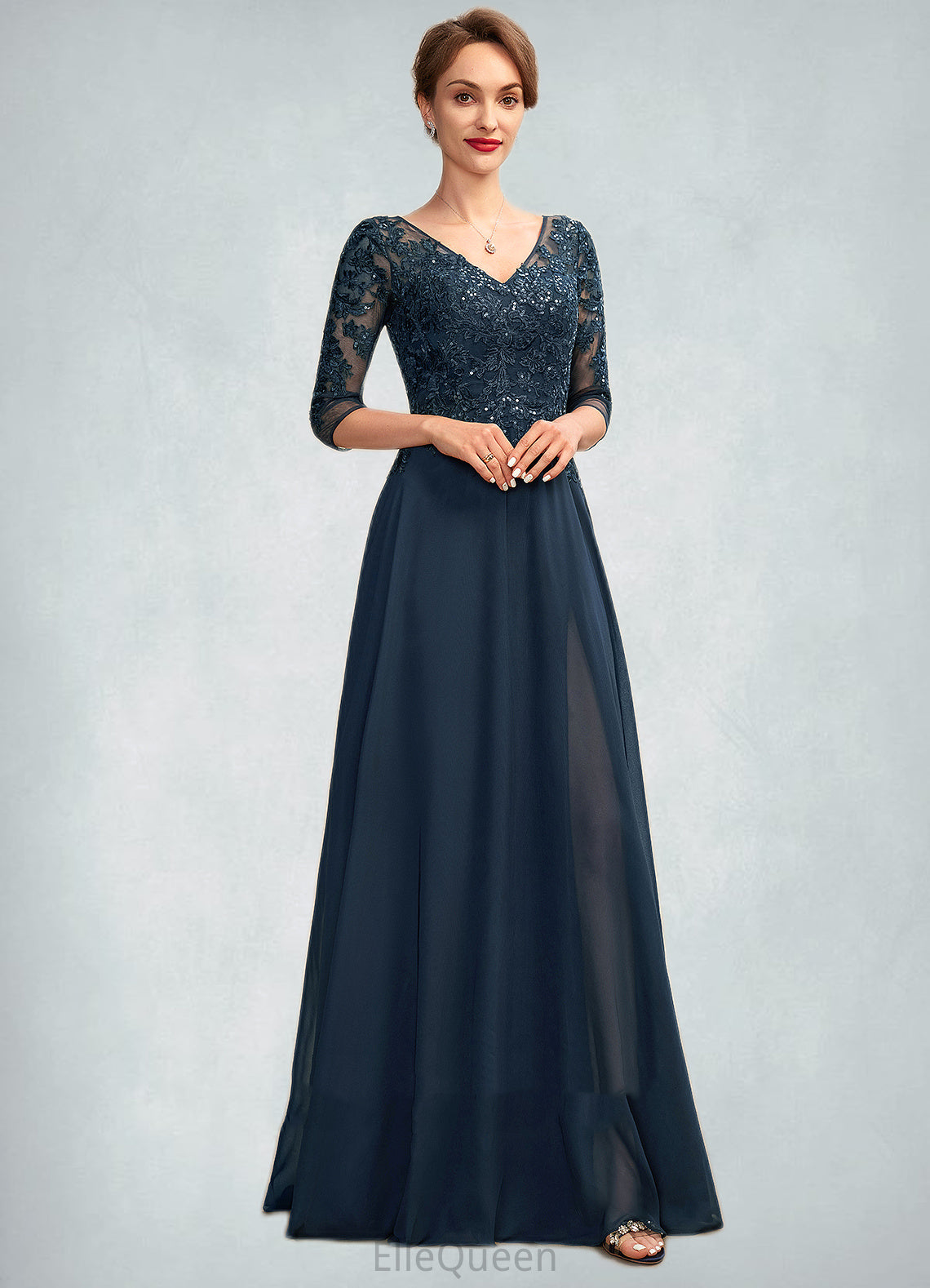 Tiana A-Line V-neck Floor-Length Chiffon Lace Mother of the Bride Dress With Sequins Split Front DG126P0015014