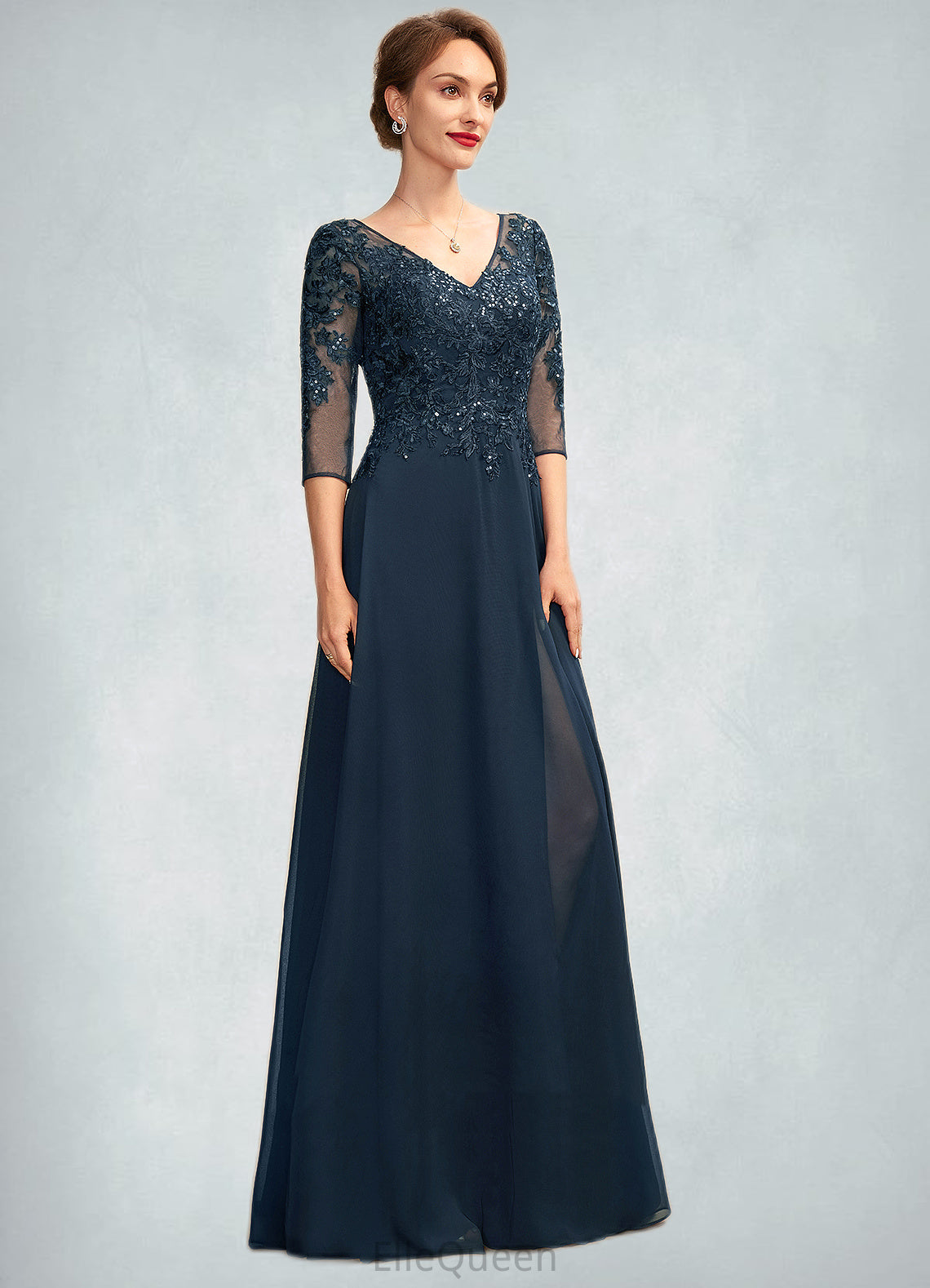 Tiana A-Line V-neck Floor-Length Chiffon Lace Mother of the Bride Dress With Sequins Split Front DG126P0015014