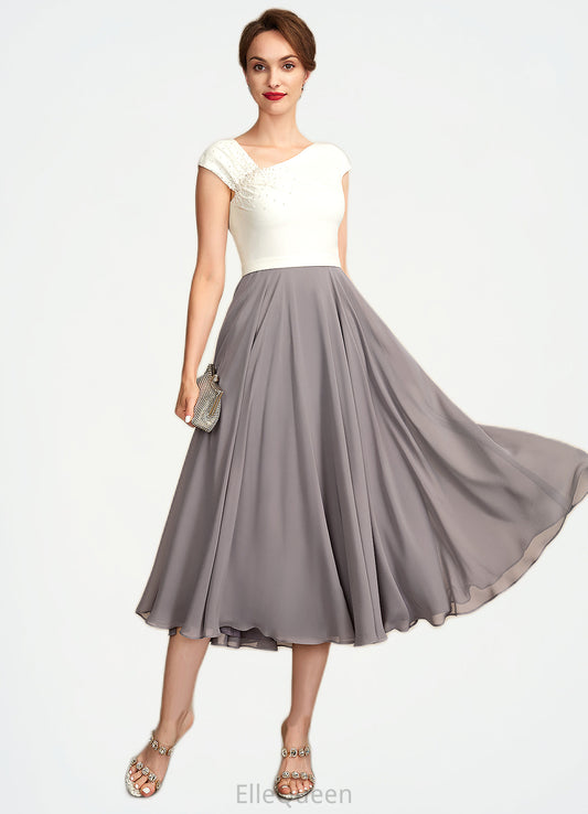 Skylar A-Line V-neck Tea-Length Chiffon Mother of the Bride Dress With Ruffle Beading Sequins DG126P0015016