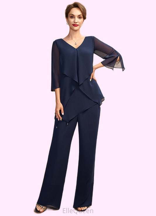 Elise Jumpsuit/Pantsuit V-neck Floor-Length Chiffon Mother of the Bride Dress With Cascading Ruffles DG126P0015019