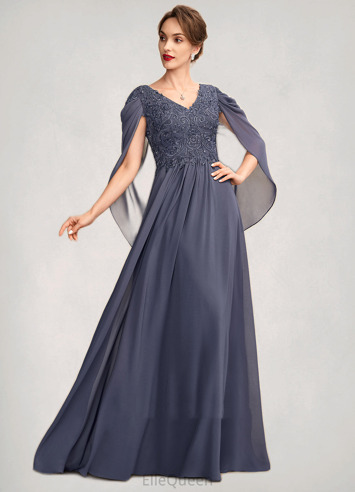 Fiona A-Line V-neck Floor-Length Chiffon Lace Mother of the Bride Dress With Beading Sequins DG126P0015022