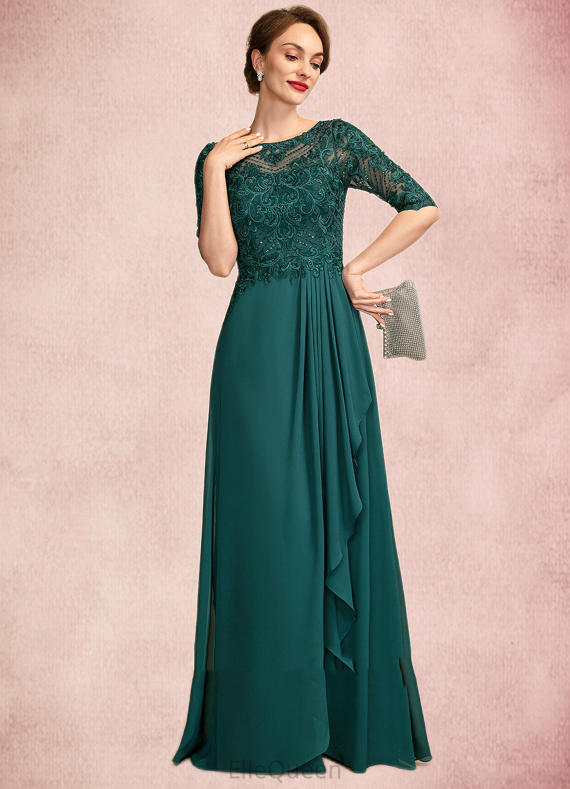 Brittany A-Line Scoop Neck Floor-Length Chiffon Lace Mother of the Bride Dress With Beading Sequins Cascading Ruffles DG126P0015027