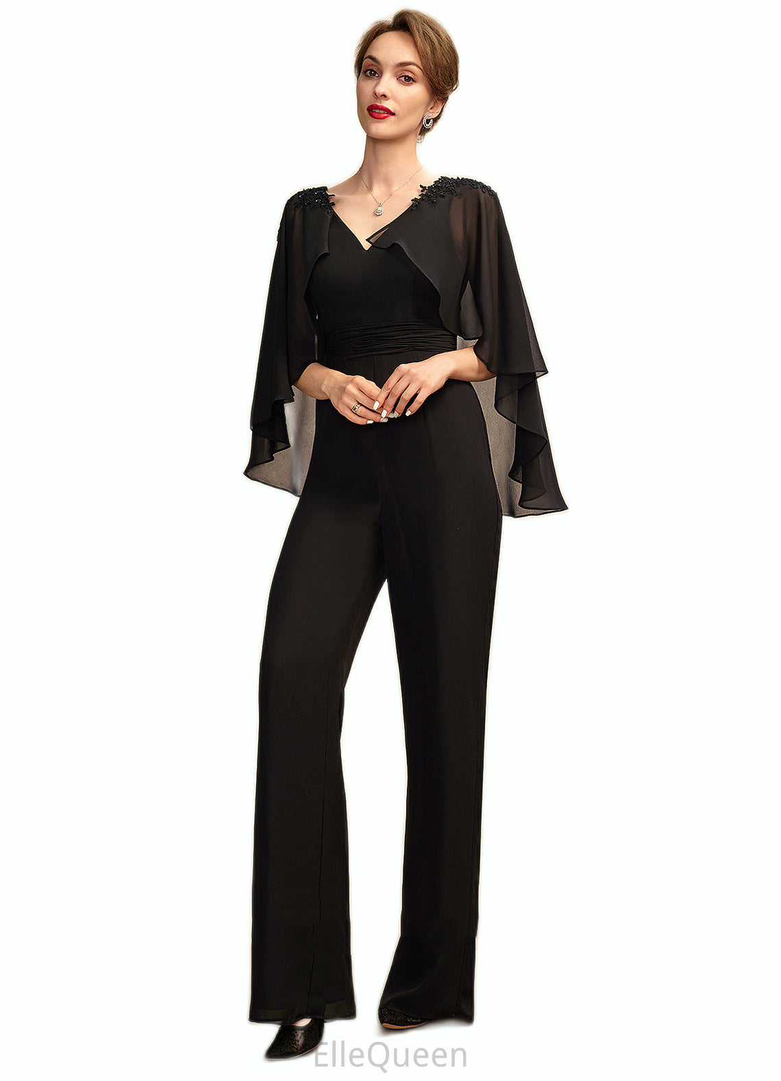 Penelope Jumpsuit/Pantsuit V-neck Floor-Length Chiffon Mother of the Bride Dress With Ruffle Beading Appliques Lace Sequins DG126P0015033