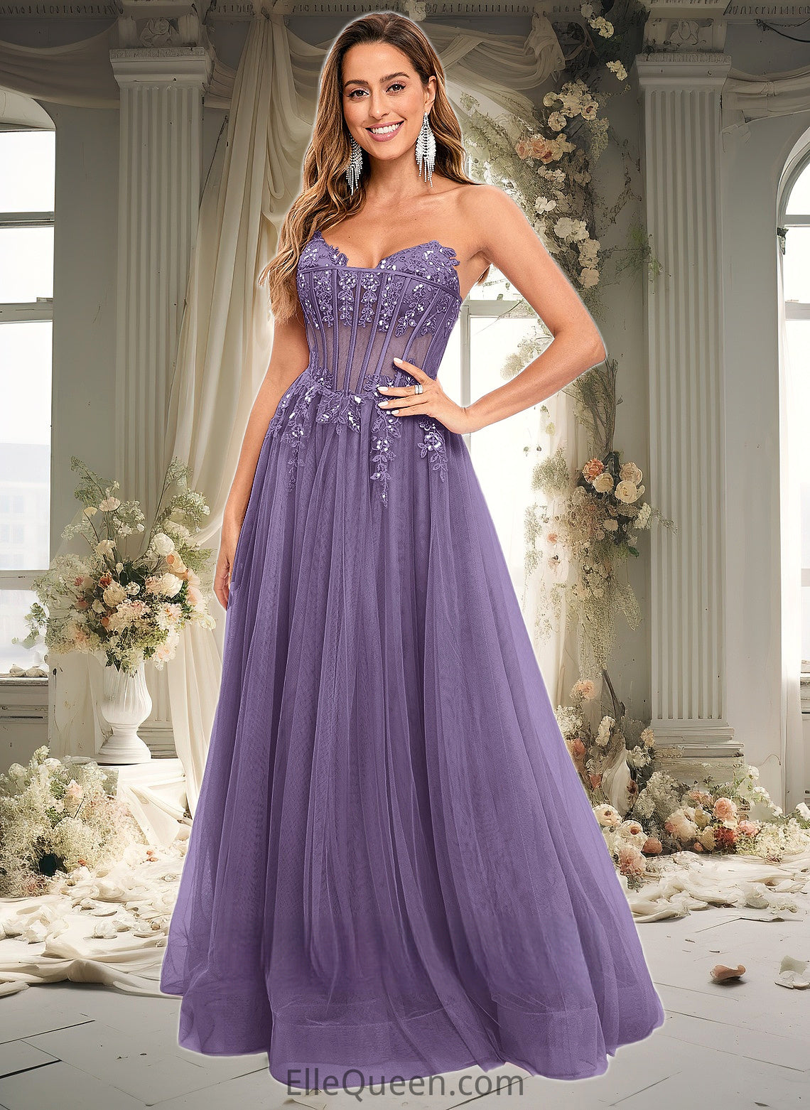 Madelynn Ball-Gown/Princess V-Neck Floor-Length Tulle Prom Dresses With Sequins Appliques Lace DGP0025837