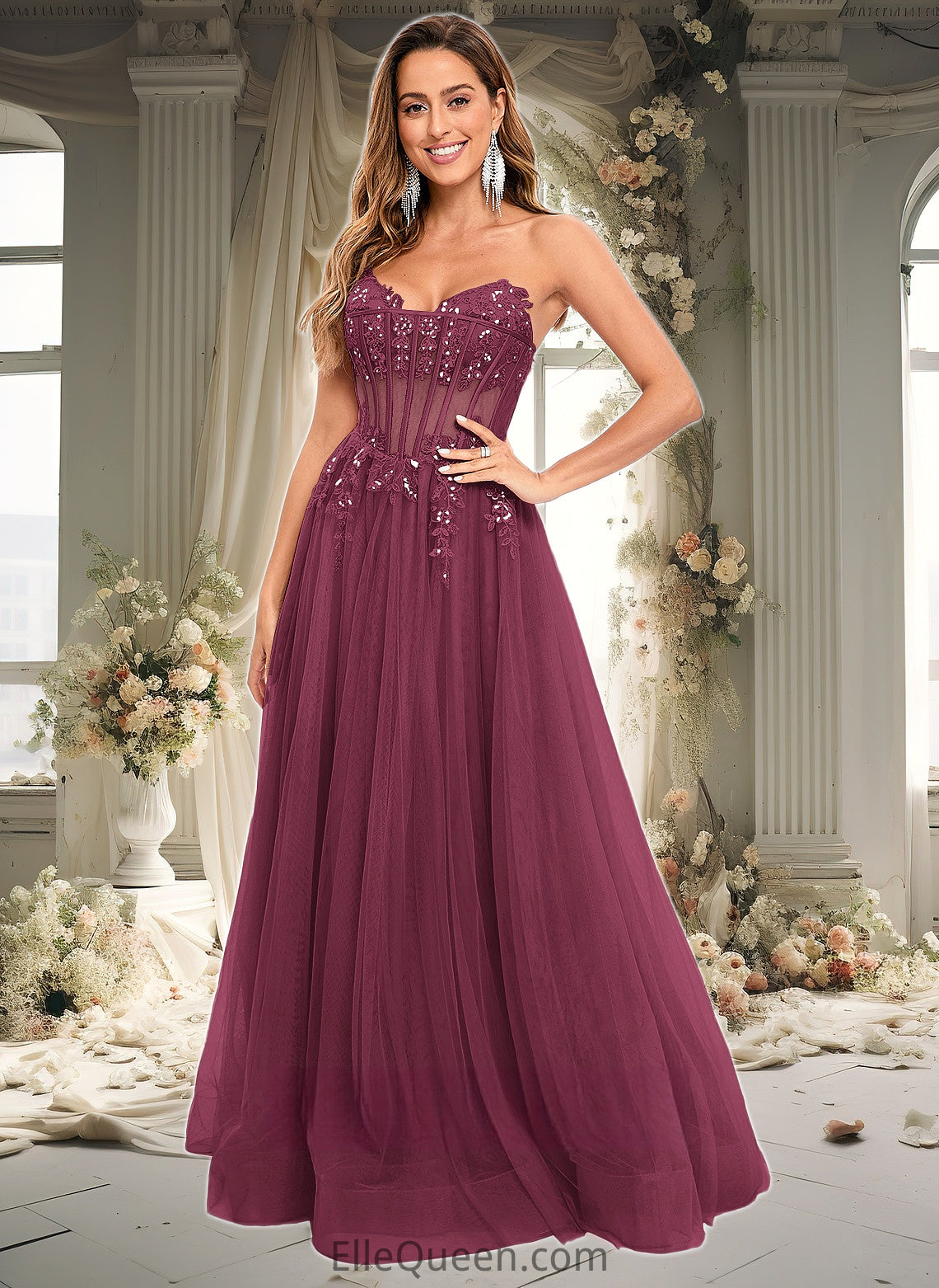 Madelynn Ball-Gown/Princess V-Neck Floor-Length Tulle Prom Dresses With Sequins Appliques Lace DGP0025837