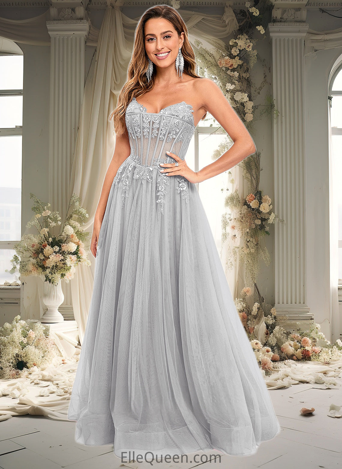 Madelynn Ball-Gown/Princess V-Neck Floor-Length Tulle Prom Dresses With Sequins Appliques Lace DGP0025837