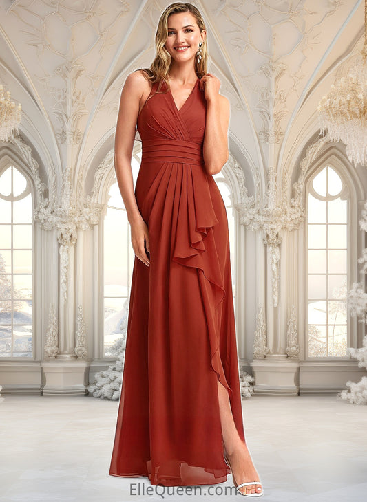 Nayeli A-line V-Neck Floor-Length Chiffon Bridesmaid Dress With Ruffle DGP0025754