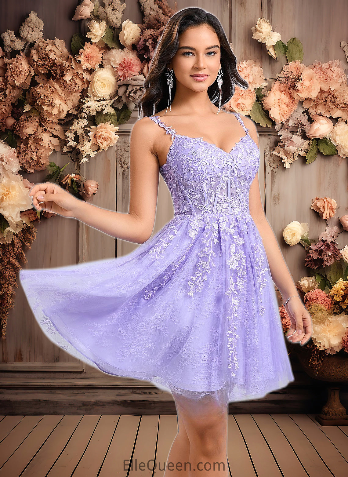 India A-line V-Neck Short Tulle Lace Homecoming Dress DGP0025640