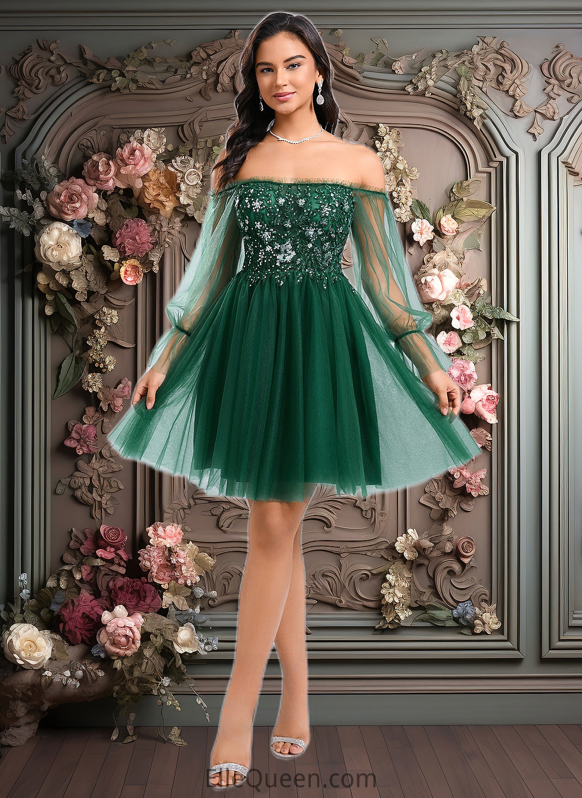 Tianna A-line Off the Shoulder Short Tulle Homecoming Dress With Sequins Appliques Lace DGP0025663