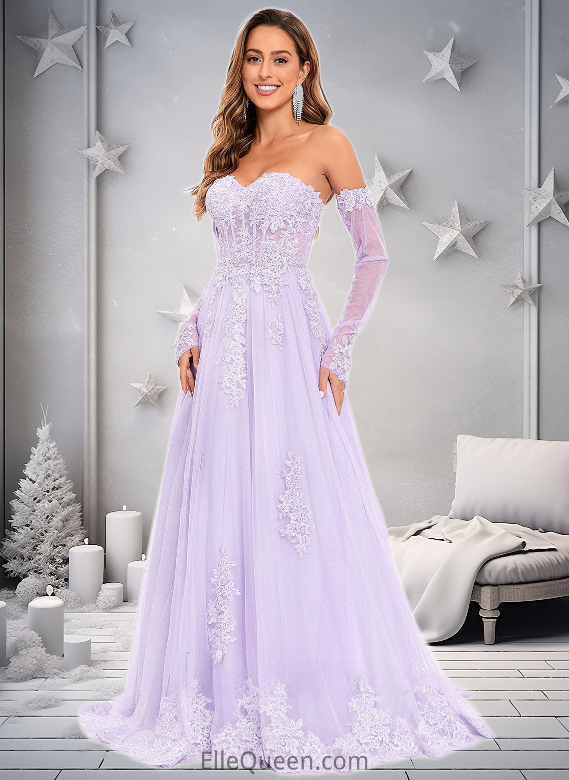 Vivienne A-line Sweetheart Sweep Train Tulle Prom Dresses With Sequins Appliques Lace DGP0025856