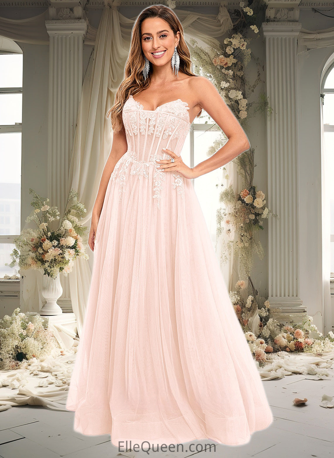 Madelynn Ball-Gown/Princess V-Neck Floor-Length Tulle Prom Dresses With Sequins Appliques Lace DGP0025837