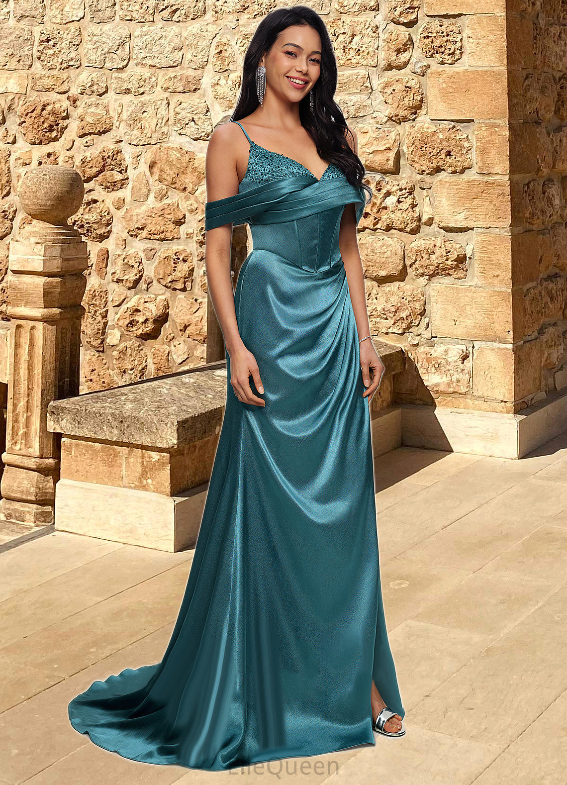 Judith Trumpet/Mermaid V-Neck Sweep Train Stretch Satin Prom Dresses With Beading Rhinestone Sequins DGP0022213