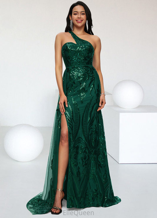 Kiana Trumpet/Mermaid One Shoulder Sweep Train Sequin Prom Dresses With Sequins DGP0022226