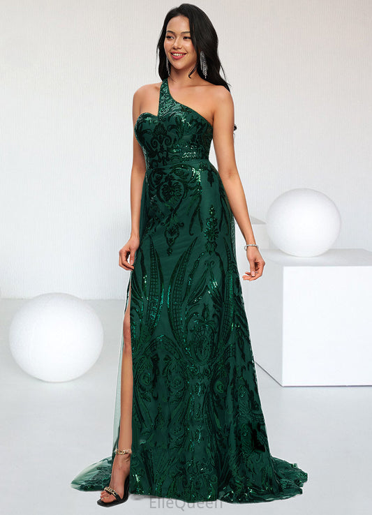 Kiana Trumpet/Mermaid One Shoulder Sweep Train Sequin Prom Dresses With Sequins DGP0022226