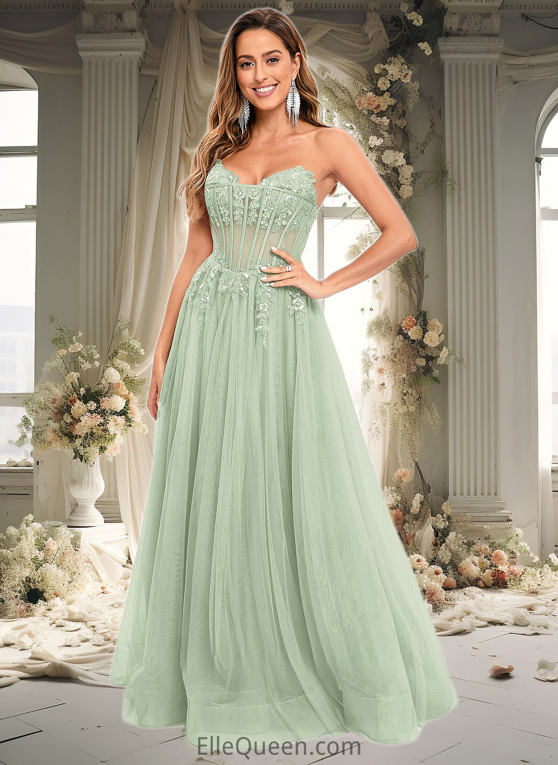 Madelynn Ball-Gown/Princess V-Neck Floor-Length Tulle Prom Dresses With Sequins Appliques Lace DGP0025837