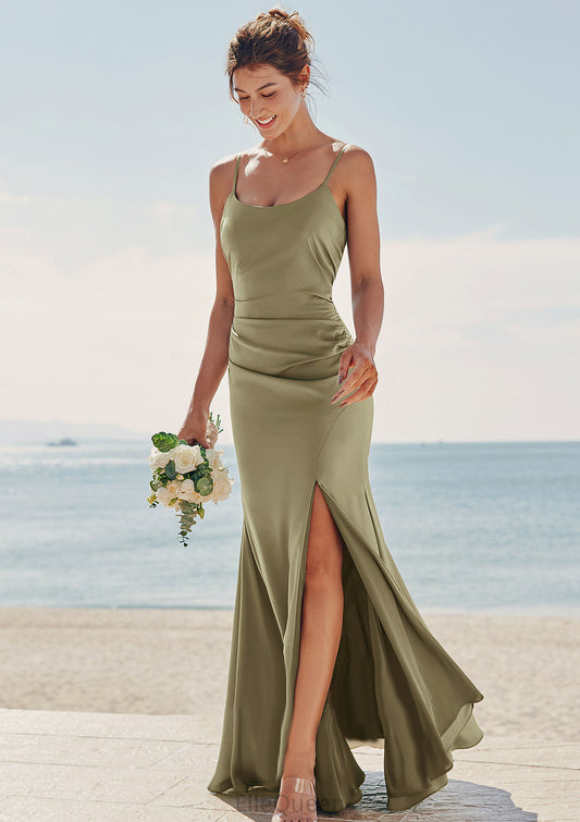 Trumpet/Mermaid Scoop Neck Sleeveless Floor-Length Stretch Satin Bridesmaid Dresses with Pleated Split Allyson DGP0025219