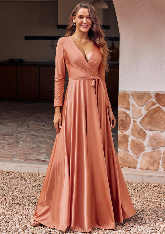 A-line V Neck Full/Long Sleeve Floor-Length Jersey Bridesmaid Dresses with Pleated Sashes Gracelyn DGP0025246