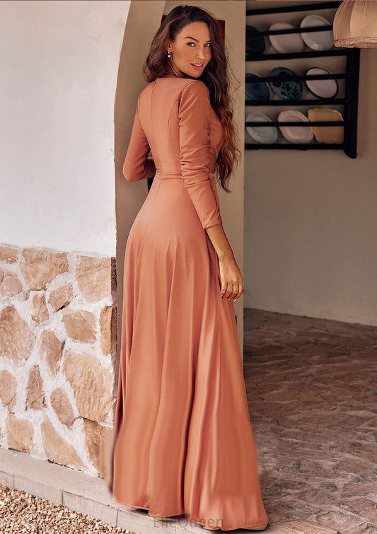 A-line V Neck Full/Long Sleeve Floor-Length Jersey Bridesmaid Dresses with Pleated Sashes Gracelyn DGP0025246