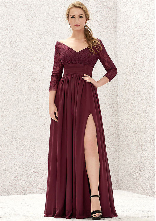 A-line V Neck Full/Long Sleeve Long/Floor-Length Chiffon Bridesmaid Dresses With Lace Split Pleated Carley DGP0025304