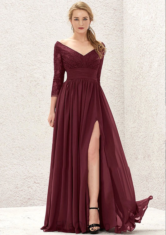 A-line V Neck Full/Long Sleeve Long/Floor-Length Chiffon Bridesmaid Dresses With Lace Split Pleated Carley DGP0025304