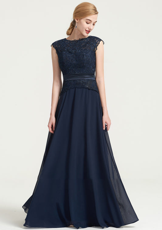 Bateau Sleeveless A-line/Princess Chiffon Long/Floor-Length Bridesmaid Dresses With Sashes Lace Pleated Renata DGP0025480