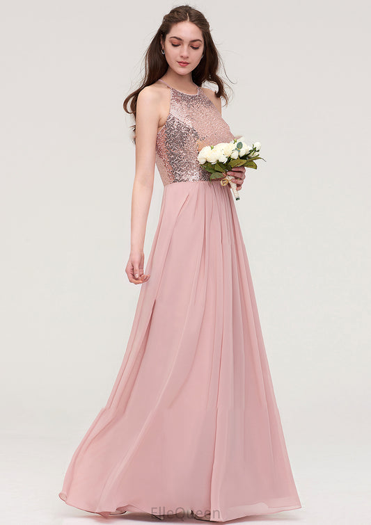 Sleeveless Bateau Long/Floor-Length Chiffon A-line/Princess Bridesmaid Dresses With Sequins Justice DGP0025484