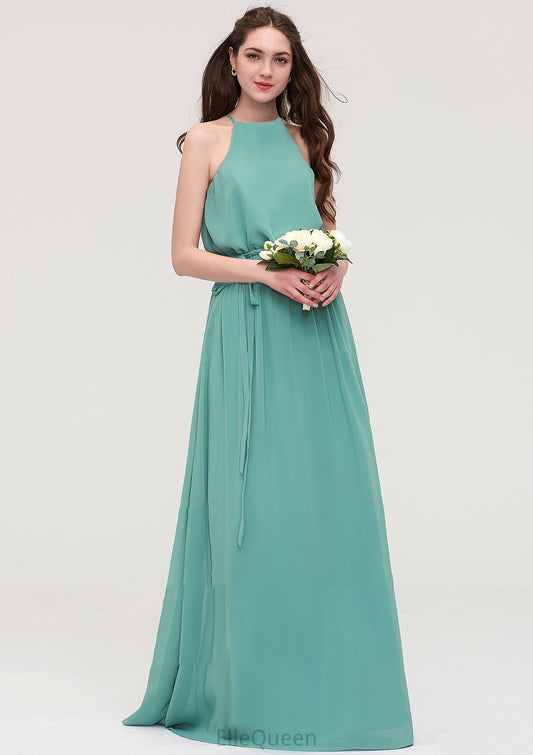 High-Neck Sleeveless Long/Floor-Length Chiffon A-line/Princess Bridesmaid Dresses With Sashes Julianne DGP0025485