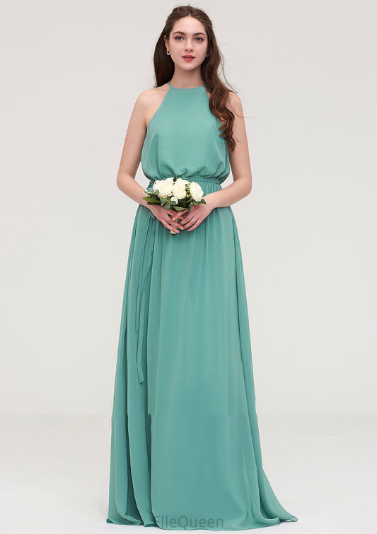 High-Neck Sleeveless Long/Floor-Length Chiffon A-line/Princess Bridesmaid Dresses With Sashes Julianne DGP0025485