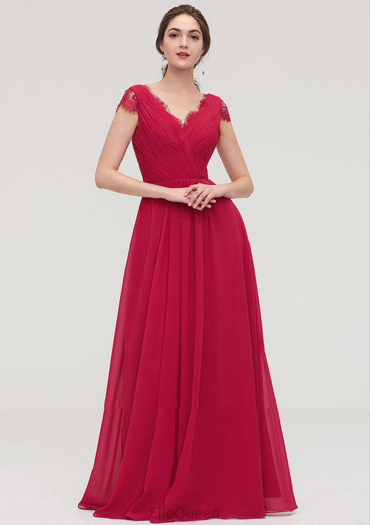 Sleeveless V Neck Long/Floor-Length Chiffon A-line/Princess Bridesmaid Dresses With Lace Pleated Marina DGP0025486