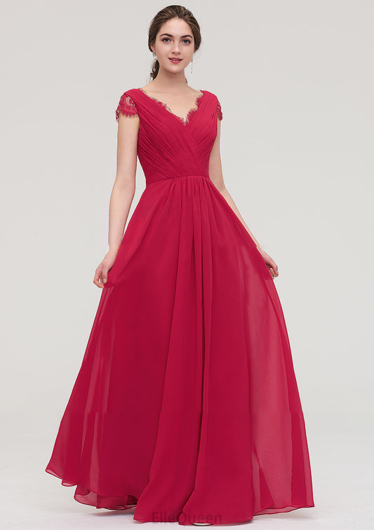 Sleeveless V Neck Long/Floor-Length Chiffon A-line/Princess Bridesmaid Dresses With Lace Pleated Marina DGP0025486