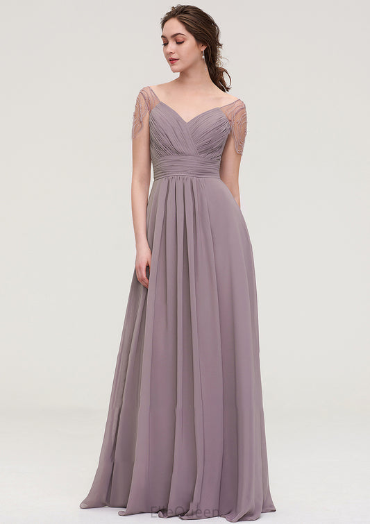 Short Sleeve Sweetheart Long/Floor-Length Chiffon A-line/Princess Bridesmaid Dresses With Pleated Beading Emery DGP0025487