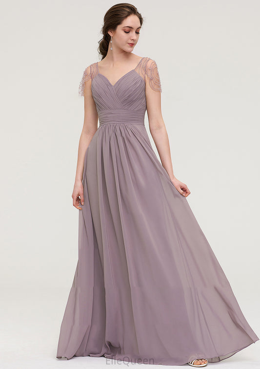 Short Sleeve Sweetheart Long/Floor-Length Chiffon A-line/Princess Bridesmaid Dresses With Pleated Beading Emery DGP0025487