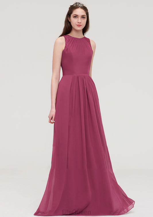 Bateau Sleeveless Long/Floor-Length Chiffon A-line/Princess Bridesmaid Dresses With Lace Pleated Muriel DGP0025488