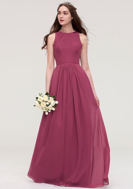 Bateau Sleeveless Long/Floor-Length Chiffon A-line/Princess Bridesmaid Dresses With Lace Pleated Muriel DGP0025488