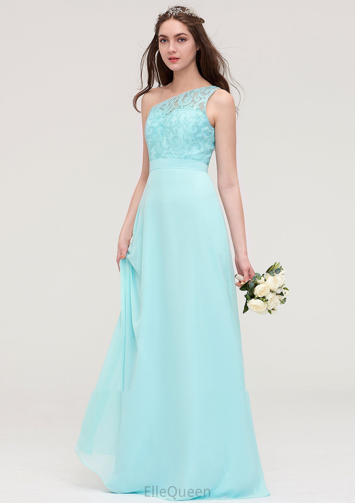 One-Shoulder Sleeveless Long/Floor-Length Chiffon A-line/Princess Bridesmaid Dresses With Lace Sarah DGP0025491