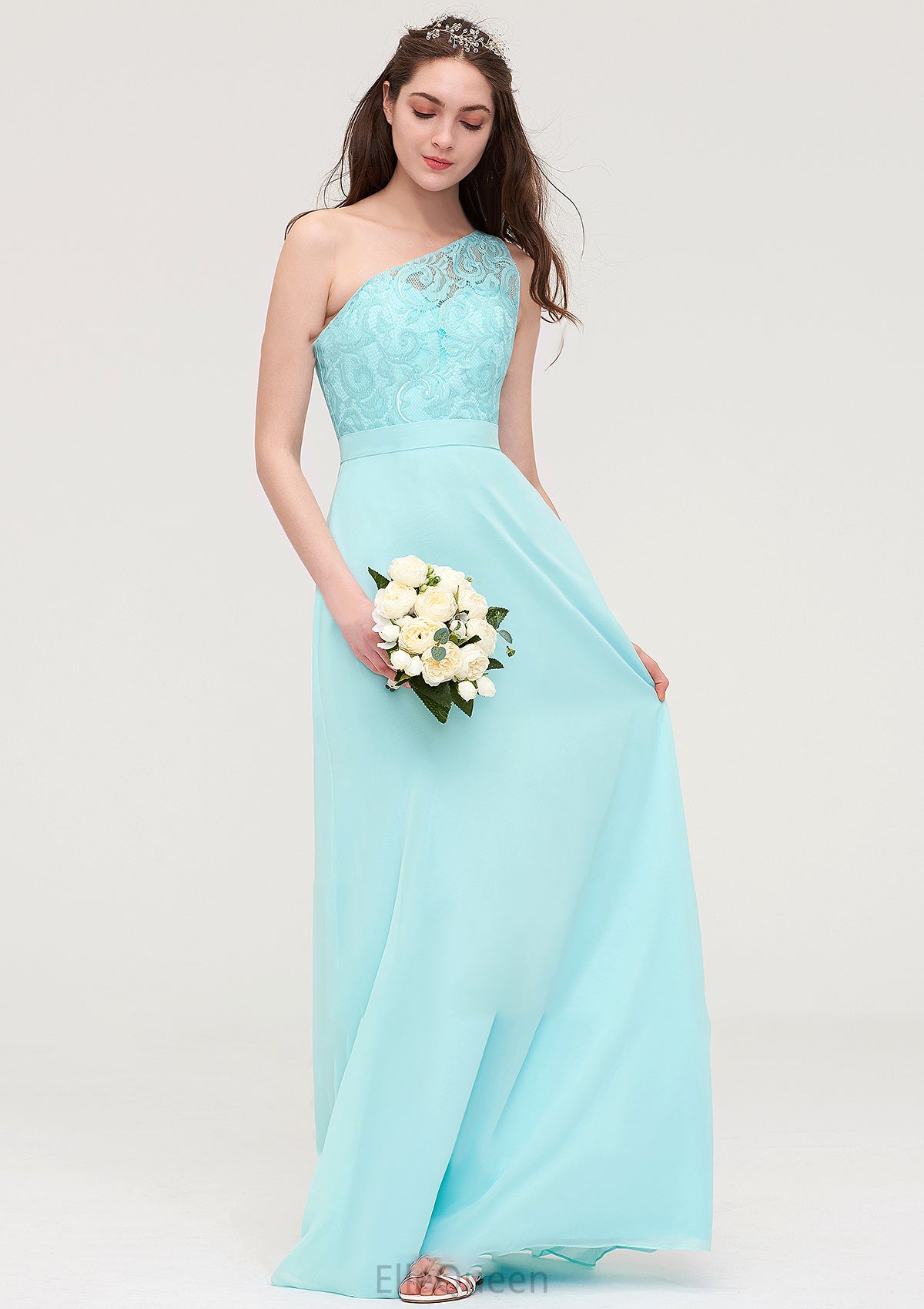 One-Shoulder Sleeveless Long/Floor-Length Chiffon A-line/Princess Bridesmaid Dresses With Lace Sarah DGP0025491