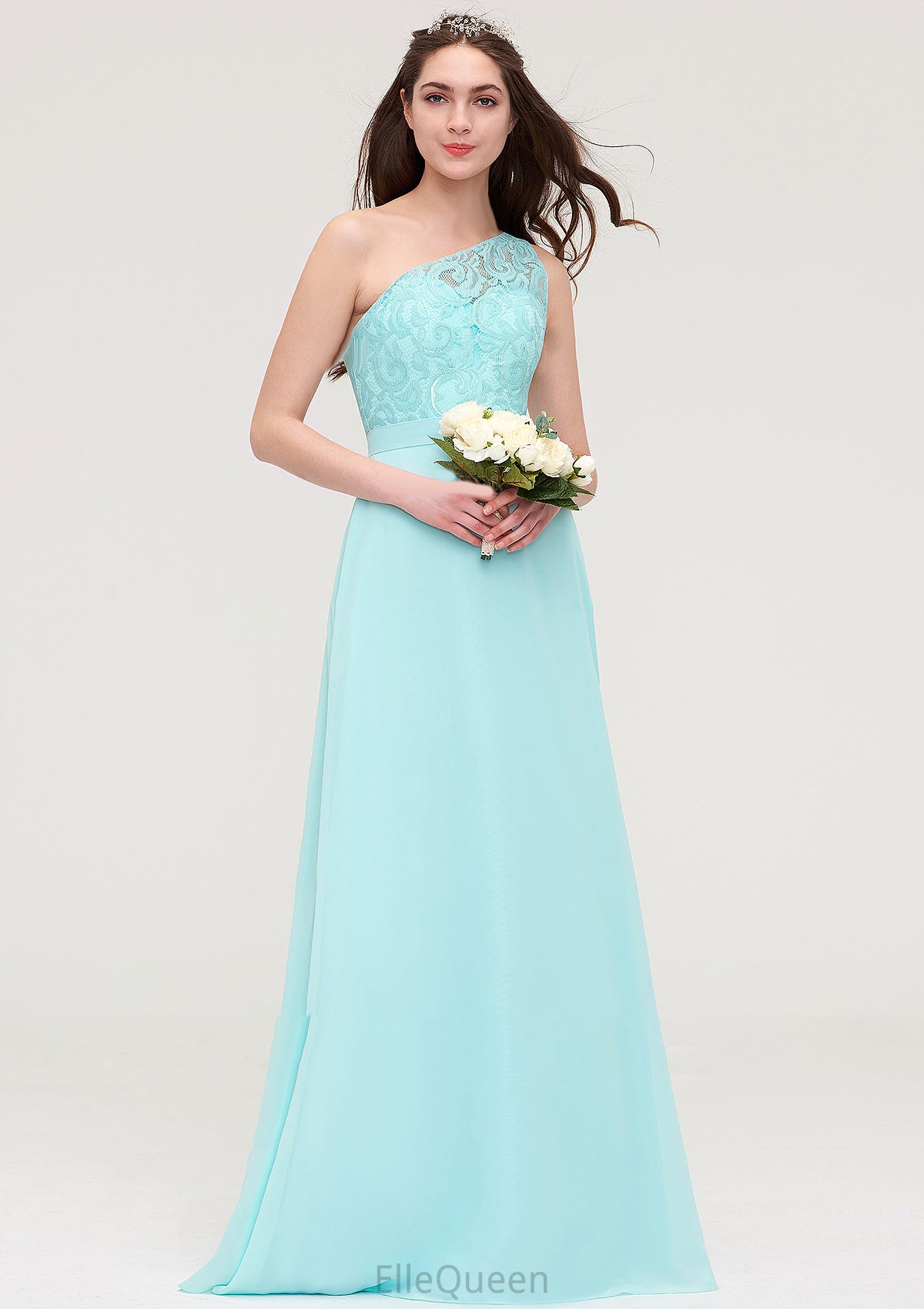 One-Shoulder Sleeveless Long/Floor-Length Chiffon A-line/Princess Bridesmaid Dresses With Lace Sarah DGP0025491