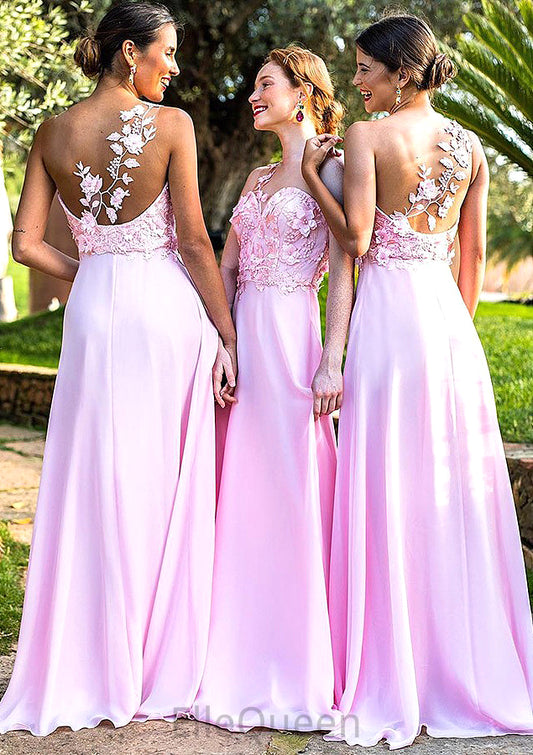 Sleeveless One-Shoulder Sweep Train A-line/Princess Chiffon Bridesmaid Dresseses With Appliqued Michaelia DGP0025506