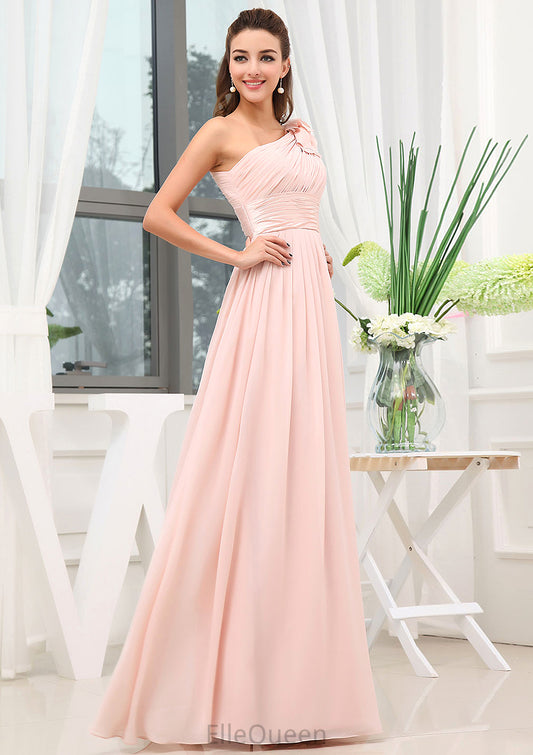 Sleeveless One-Shoulder Long/Floor-Length A-line/Princess Chiffon Bridesmaid Dresses With Pleated Shoulder Flower Valeria DGP0025507