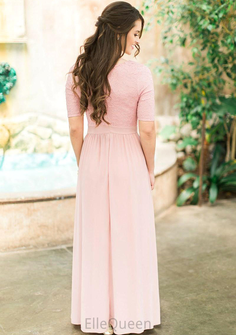 Scoop Neck Short Sleeve Ankle-Length A-line/Princess Chiffon Bridesmaid Dresses With Lace Pleated Jane DGP0025580