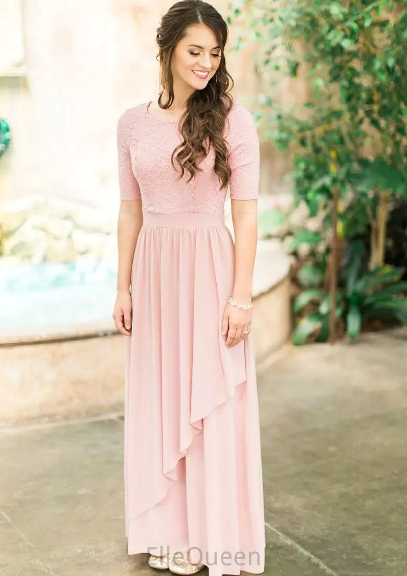 Scoop Neck Short Sleeve Ankle-Length A-line/Princess Chiffon Bridesmaid Dresses With Lace Pleated Jane DGP0025580