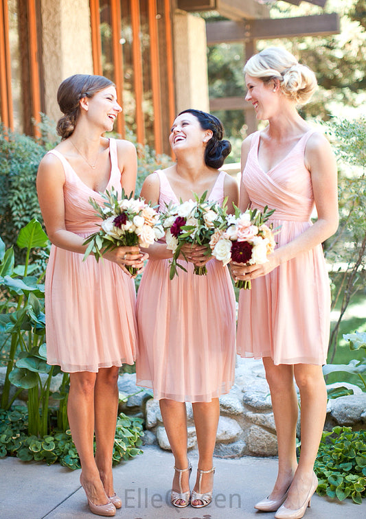 Sleeveless V Neck Short/Mini Chiffon A-line/Princess Bridesmaid Dresseses With Pleated Brynlee DGP0025585