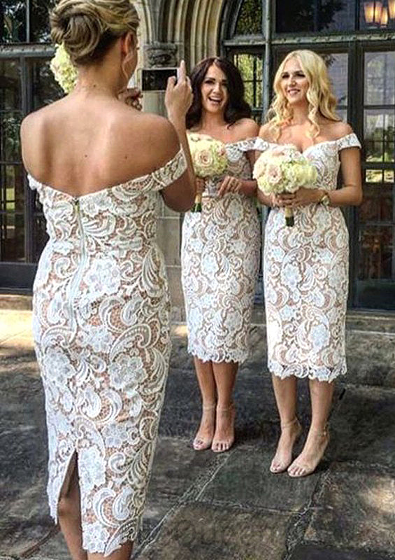 Sheath/Column Off-the-Shoulder Tea-Length Sheath/Column Lace Bridesmaid Dresseses With Split Allyson DGP0025601