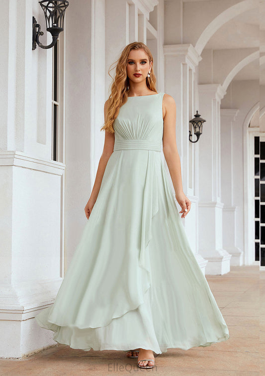 A-line Bateau Sleeveless Chiffon Long/Floor-Length Bridesmaid Dresses Ruffles Pleated Sofia DGP0025608