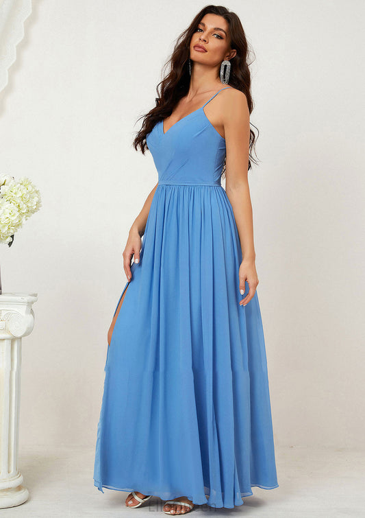 A-line V Neck Sleeveless Chiffon Long/Floor-Length Bridesmaid Dresses With Pleated Split Eliza DGP0025609