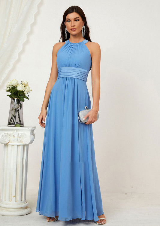 A-line Halter Sleeveless Chiffon Long/Floor-Length Bridesmaid Dresses With Pleated Andrea DGP0025610