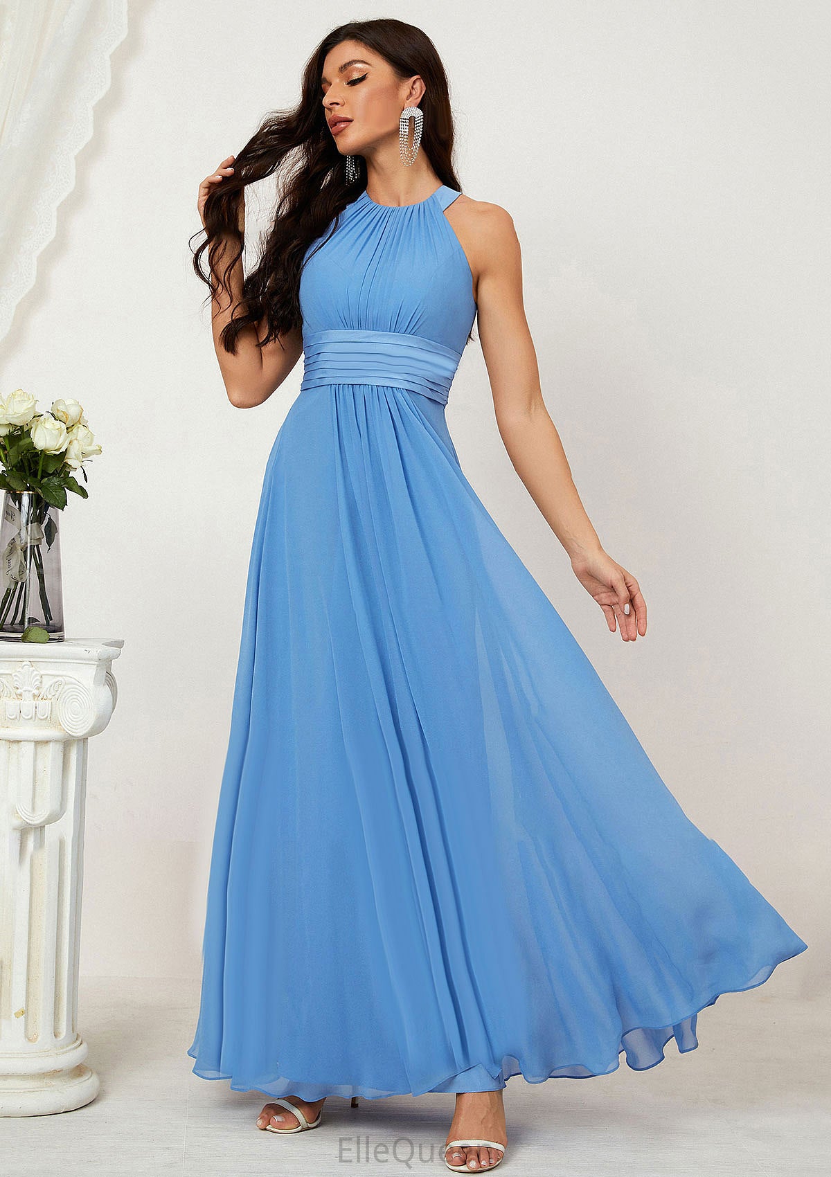 A-line Halter Sleeveless Chiffon Long/Floor-Length Bridesmaid Dresses With Pleated Andrea DGP0025610